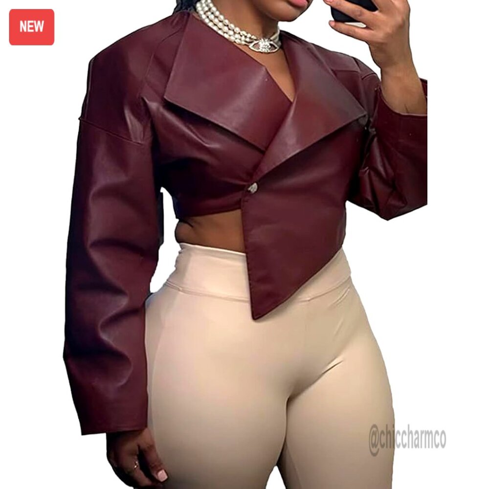 Faux Leather Jacket Crop Moto Biker Style Button Down Long Sleeve